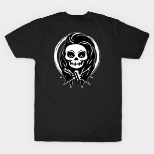 Female Knitter Skull and Knitting Needles White Logo T-Shirt